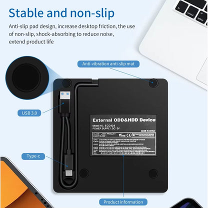 External DVD RW Drive USB 3.0 Type C 2 in 1 Interface Slim DVD CD Writer Burner Reader Player Optical Drive for Laptop PC