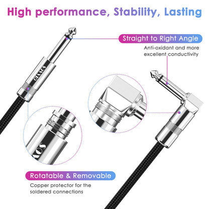 Guitar Cable 10FT Instrument Cable -  Guitar Cord Electric Guitar Cable Guitar AMP Cord for Bass Guitar Keyboard 1/4 Inch Cable Right Angle Black